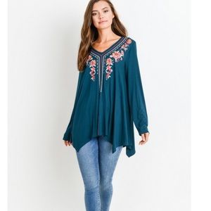 Jodifl embroidered teal boho top Boutique NWT
